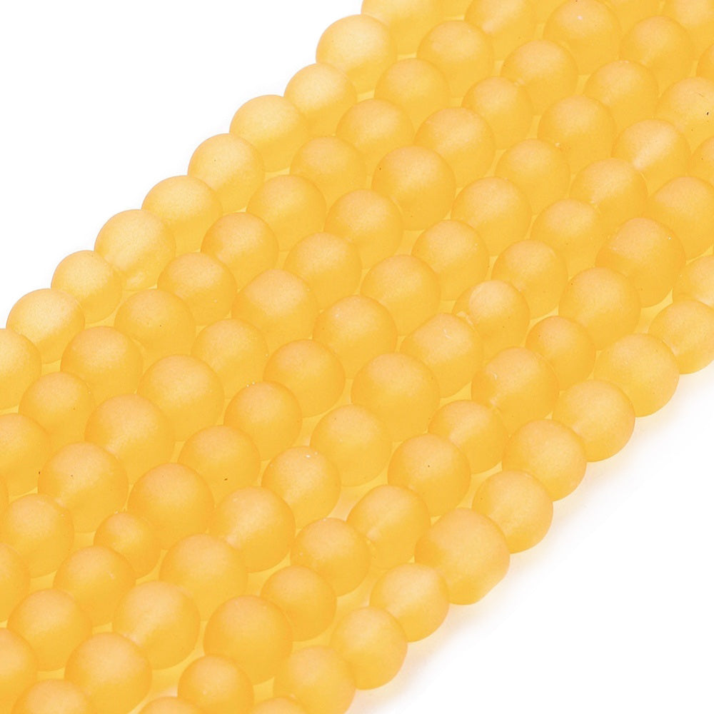 Frosted Glass Beads, Round, Gold/Orange/Yellow Color. Matte Glass Bead Strands for DIY Jewelry Making. Affordable, Colorful Frosted Beads. Great for Stretch Bracelets.  Size: 4mm Diameter Hole: 1mm; approx. 195pcs/strand, 31" Inches Long.  Material: The Beads are Made from Glass. Frosted Glass Beads, Golden Yellow Colored Beads. Unpolished, Matte Finish.