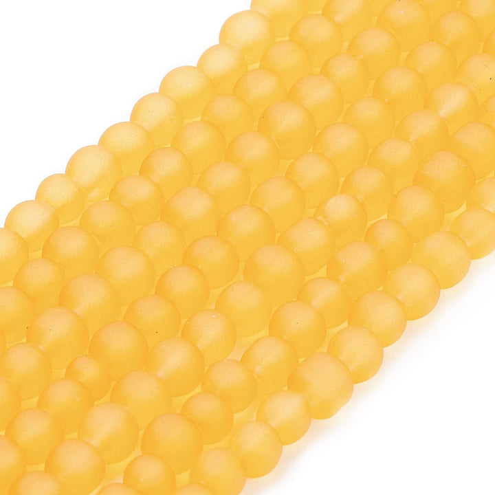 Frosted Glass Beads, Round, Gold/Orange/Yellow Color. Matte Glass Bead Strands for DIY Jewelry Making. Affordable, Colorful Frosted Beads. Great for Stretch Bracelets.  Size: 4mm Diameter Hole: 1mm; approx. 195pcs/strand, 31" Inches Long.  Material: The Beads are Made from Glass. Frosted Glass Beads, Golden Yellow Colored Beads. Unpolished, Matte Finish.