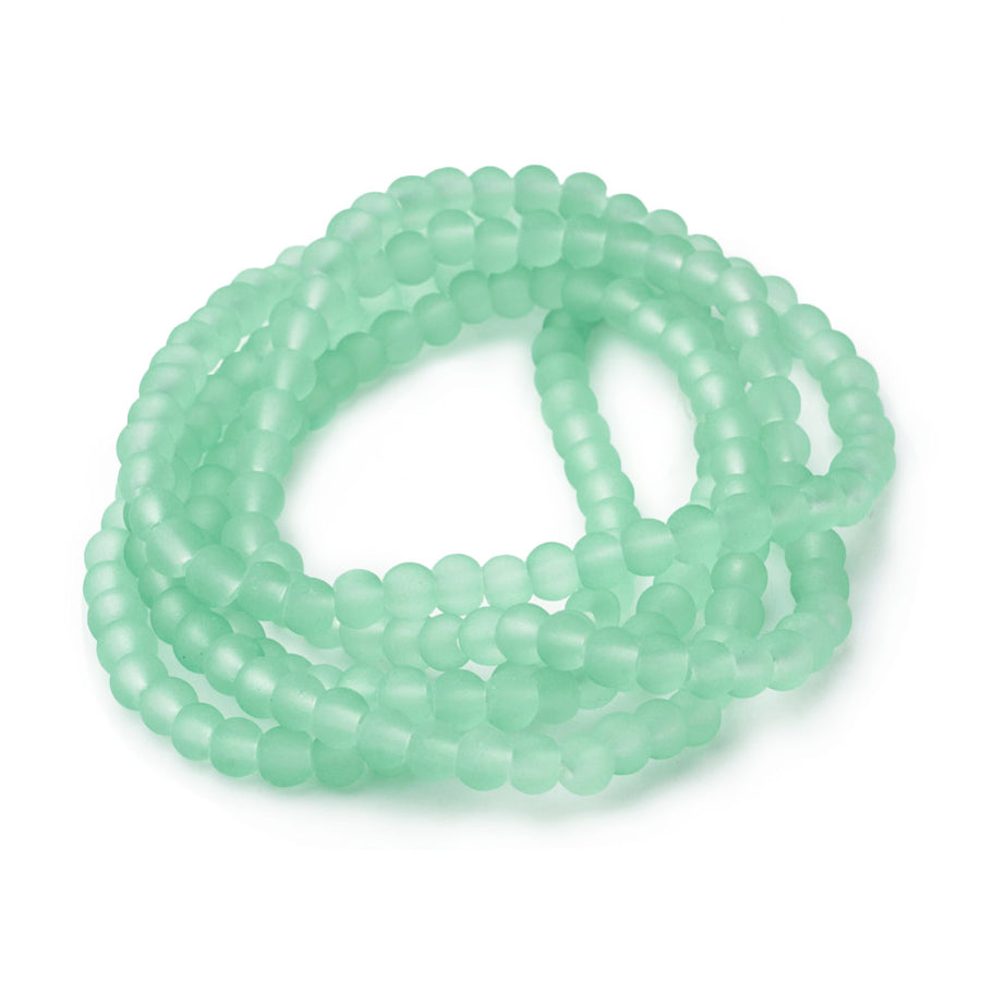 Frosted Glass Beads, Round, Pale Lime Green Color. Matte Glass Bead Strands for DIY Jewelry Making. Affordable, Colorful Frosted Beads. Great for Stretch Bracelets.  Size: 4mm Diameter Hole: 1mm; approx. 195pcs/strand, 31" Inches Long.
