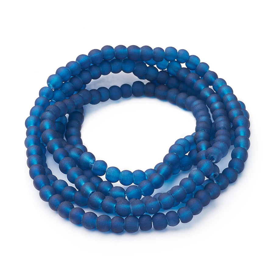 Frosted Glass Beads, Round, Indigo Blue Color. Matte Glass Bead Strands for DIY Jewelry Making. Affordable, Colorful Frosted Beads.   Size: 4mm Diameter Hole: 0.7mm; approx. 185pcs/strand, 30" Inches Long.  Material: The Beads are Made from Glass. Frosted Glass Beads, Indigo Blue Colored Beads. Unpolished, Matte Finish.