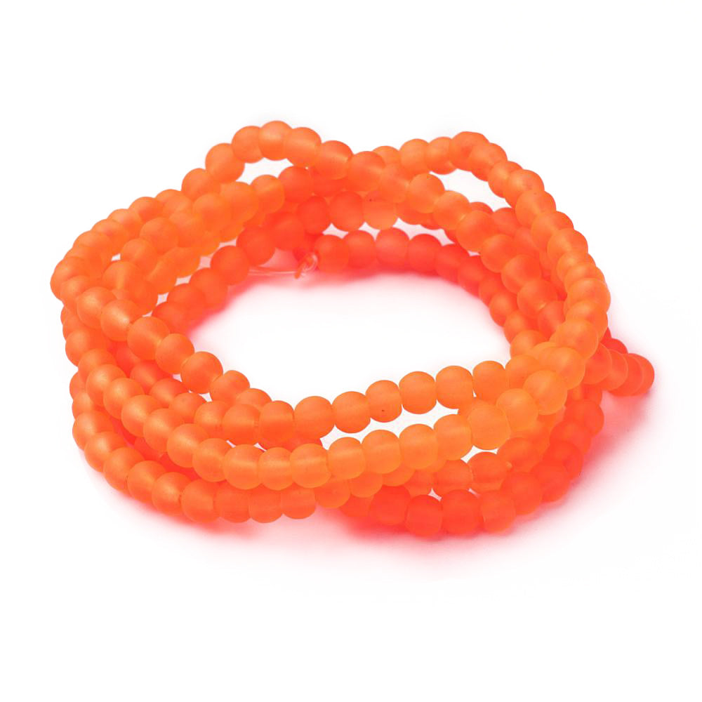Frosted Glass Beads, Round, Bright Neon Orange Color. Matte Glass Bead Strands for DIY Jewelry Making. Affordable, Colorful Frosted Beads. Great for Stretch Bracelets.  Size: 4mm Diameter Hole: 1mm; approx. 195pcs/strand, 31" Inches Long.  Material: The Beads are Made from Glass. Frosted Glass Beads, Neon Orange Colored Beads. Unpolished, Matte Finish.