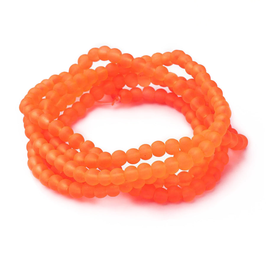 Frosted Glass Beads, Round, Bright Neon Orange Color. Matte Glass Bead Strands for DIY Jewelry Making. Affordable, Colorful Frosted Beads. Great for Stretch Bracelets.  Size: 4mm Diameter Hole: 1mm; approx. 195pcs/strand, 31" Inches Long.  Material: The Beads are Made from Glass. Frosted Glass Beads, Neon Orange Colored Beads. Unpolished, Matte Finish.