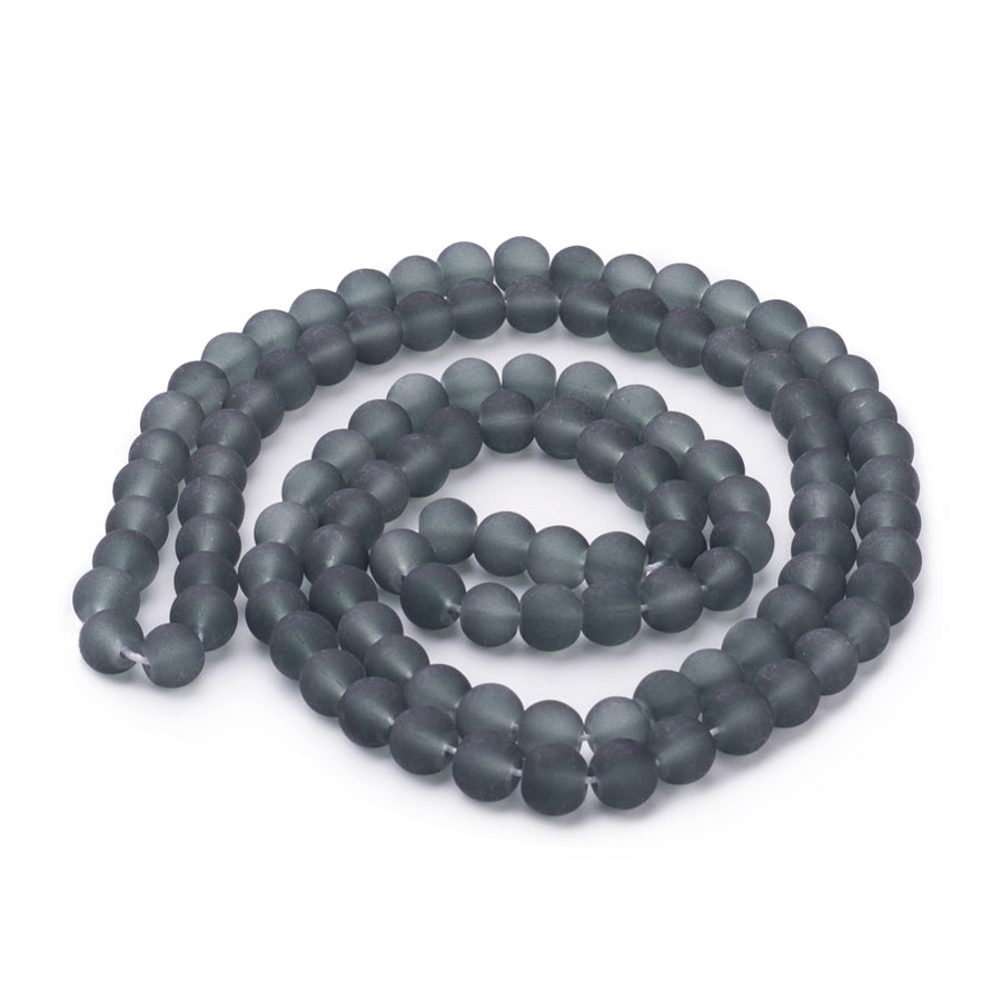 Frosted Glass Beads, Round, Dark Grey Color. Matte Glass Bead Strands for DIY Jewelry Making. Affordable, Colorful Frosted Beads. Great for Stretch Bracelets.  Size: 4mm Diameter Hole: 1mm; approx. 195pcs/strand, 31" Inches Long.  Material: The Beads are Made from Glass. Frosted Glass Beads, Grey Colored Beads. Unpolished, Matte Finish.