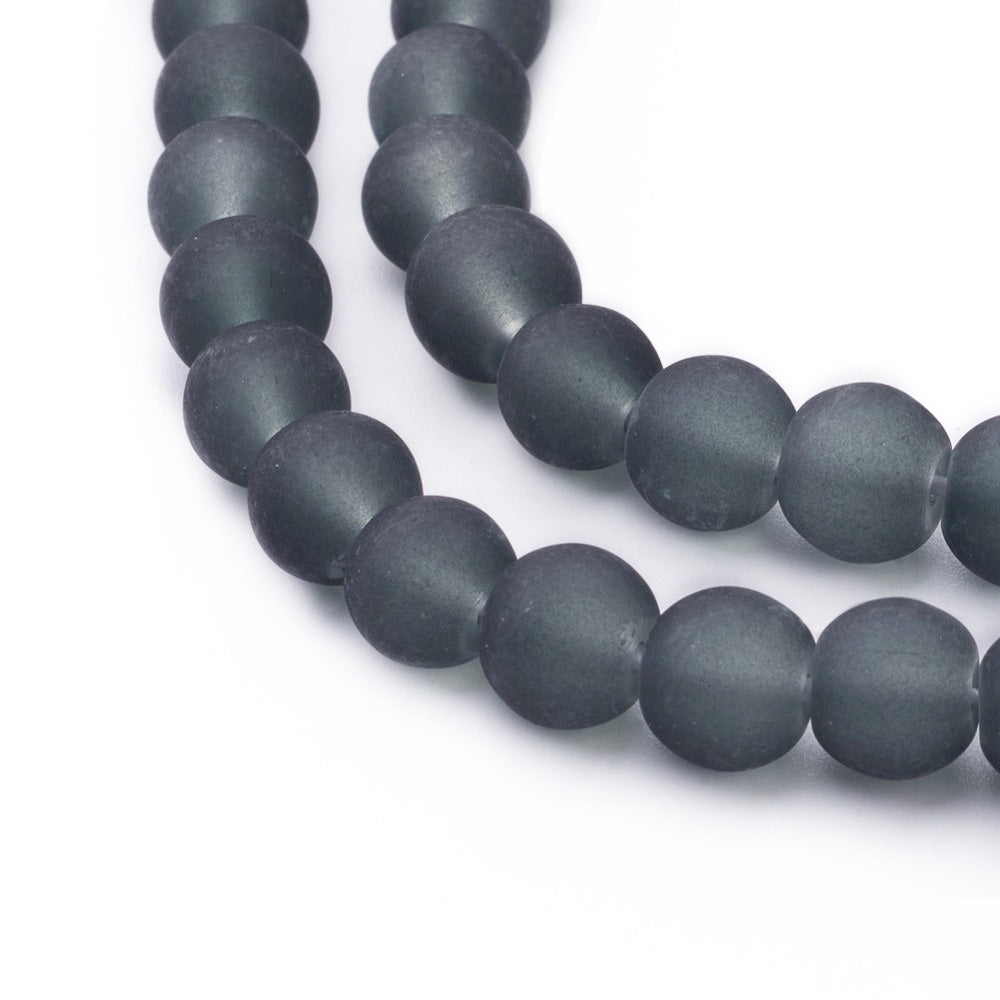 Frosted Glass Beads, Round, Dark Grey Color. Matte Glass Bead Strands for DIY Jewelry Making. Affordable, Colorful Frosted Beads. Great for Stretch Bracelets.  Size: 4mm Diameter Hole: 1mm; approx. 195pcs/strand, 31" Inches Long.  Material: The Beads are Made from Glass. Frosted Glass Beads, Grey Colored Beads. Unpolished, Matte Finish.