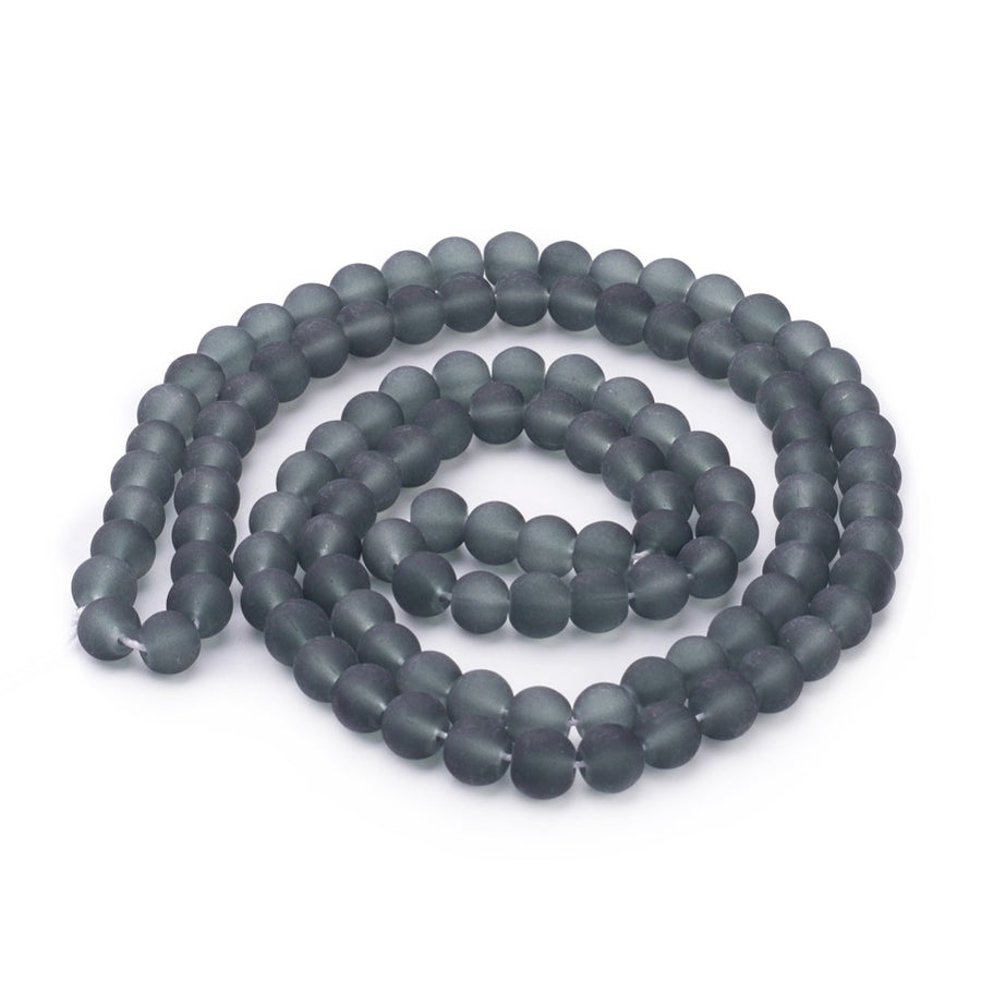 Frosted Glass Beads, Round, Dark Grey Color. Matte Glass Bead Strands for DIY Jewelry Making. Affordable, Colorful Frosted Beads. Great for Stretch Bracelets.  Size: 8mm Diameter Hole: 2mm; approx. 105pcs/strand, 31" Inches Long.  Material: The Beads are Made from Glass. Frosted Glass Beads, Gray Colored Beads. Unpolished, Matte Finish.