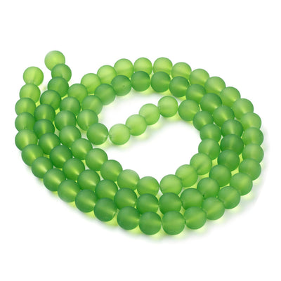 Frosted Glass Beads, Round, Green Color. Matte Glass Bead Strands for DIY Jewelry Making. Affordable, Colorful Frosted Beads. Great for Stretch Bracelets.  Size: 8mm Diameter Hole: 2mm; approx. 105pcs/strand, 31" Inches Long.  Material: The Beads are Made from Glass. Frosted Glass Beads, Green Colored Beads. Unpolished, Matte Finish.