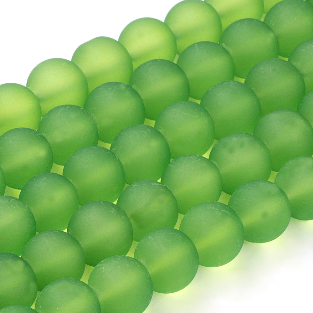 Frosted Glass Beads, Round, Green Color. Matte Glass Bead Strands for DIY Jewelry Making. Affordable, Colorful Frosted Beads. Great for Stretch Bracelets.  Size: 8mm Diameter Hole: 2mm; approx. 105pcs/strand, 31" Inches Long.  Material: The Beads are Made from Glass. Frosted Glass Beads, Green Colored Beads. Unpolished, Matte Finish.