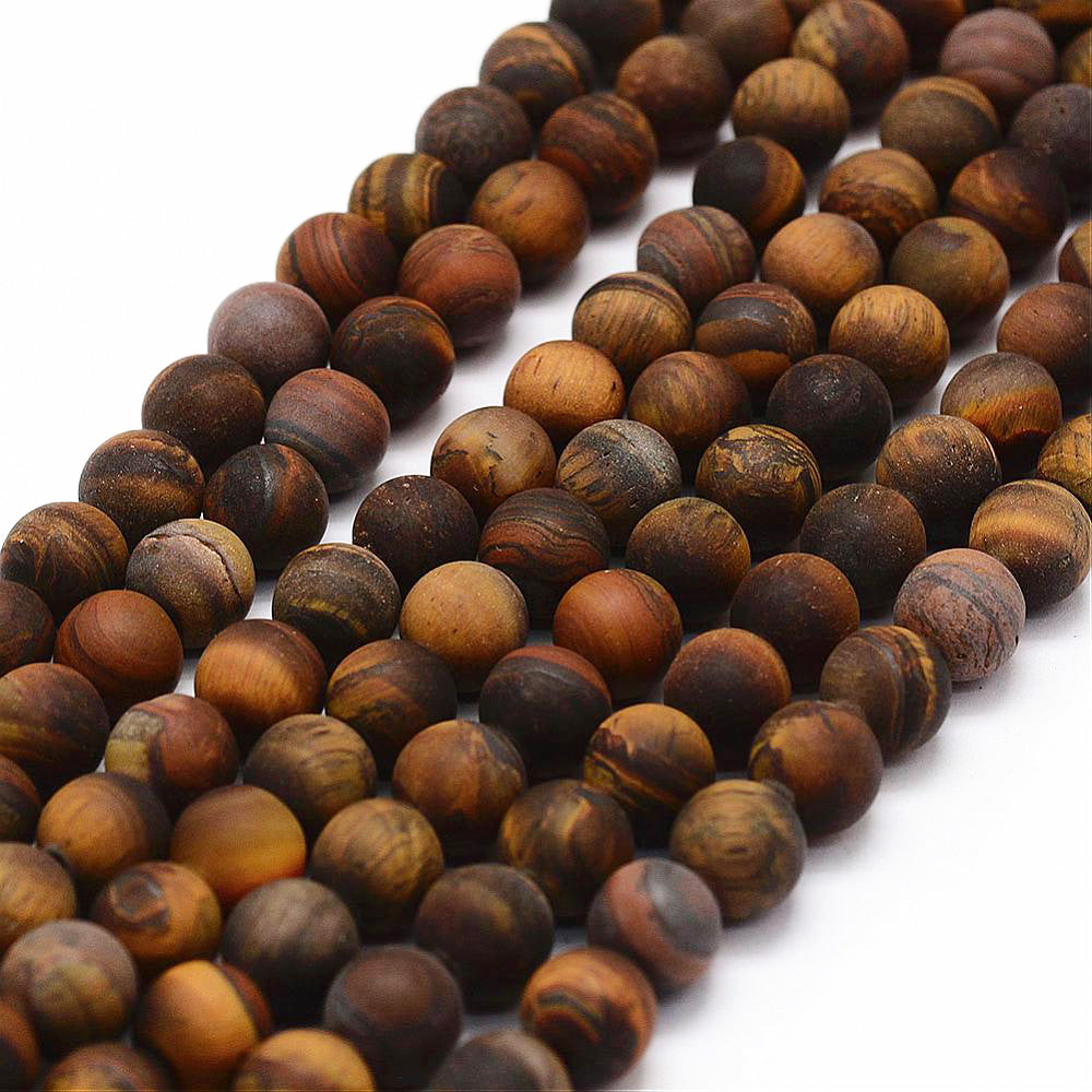 Frosted Natural Tiger Eye Beads Strands, Round. Matte Semi-precious Gemstone Tiger Eye Beads for DIY Jewelry Making.  High Quality Beads for Making Mala Bracelets.  Size: 8mm Diameter, Hole: 1mm, approx. 45pcs/strand, 15 inches.  Material: Genuine Natural Yellow Tiger Eye Unpolished Loose Stone Beads, High Quality Frosted Stone Beads. Matte Finish.  bead lot