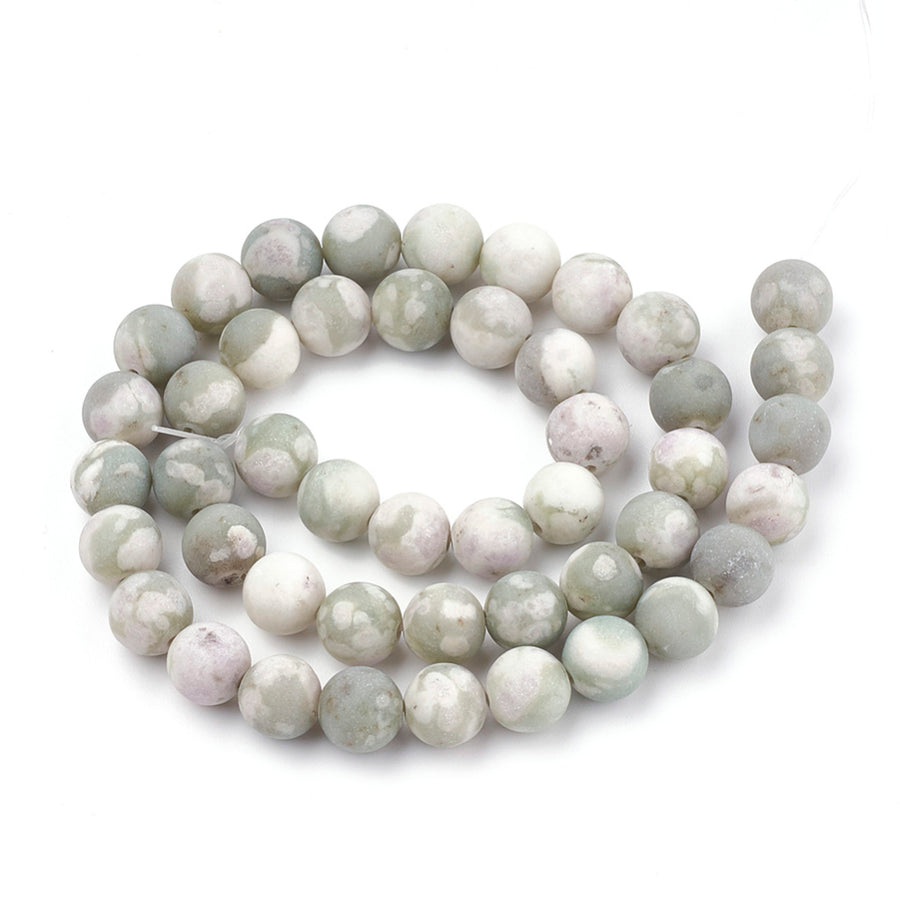 Natural Peace Jade Beads, Round, Soft Olive Green/Grey Color. Semi-Precious Gemstone Beads for Jewelry Making. Great for Stretch Bracelet Designs.  Size: 6mm Diameter, Hole: 1mm; approx. 62pcs/strand, 15" Inches Long.  Material: Frosted Peace Jade Beads are Mixture of White Quartz, Green Serpentine and Lavender Stichtite. Green, Grey and Off-White Color. Unpolished, Matte Finish.