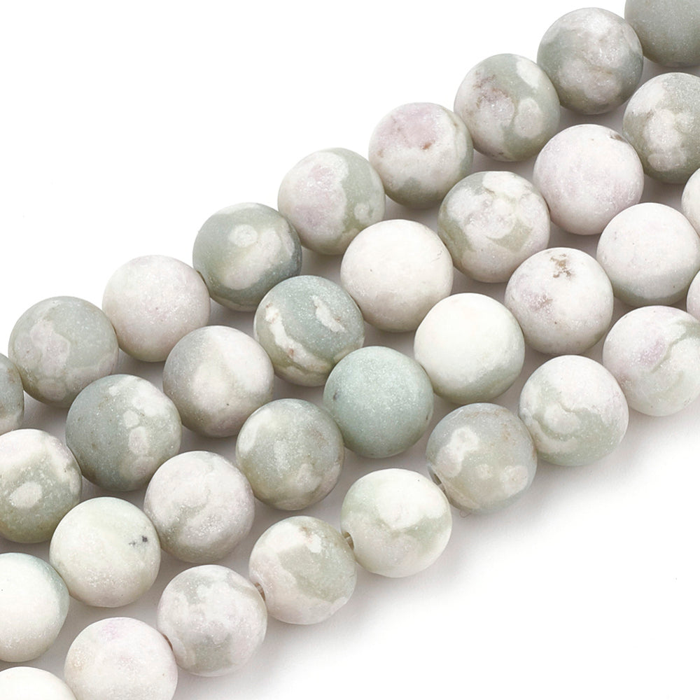 Natural Peace Jade Beads, Round, Soft Olive Green/Grey Color. Semi-Precious Gemstone Beads for Jewelry Making. Great for Stretch Bracelet Designs.  Size: 6mm Diameter, Hole: 1mm; approx. 62pcs/strand, 15" Inches Long.  Material: Frosted Peace Jade Beads are Mixture of White Quartz, Green Serpentine and Lavender Stichtite. Green, Grey and Off-White Color. Unpolished, Matte Finish. beadlot