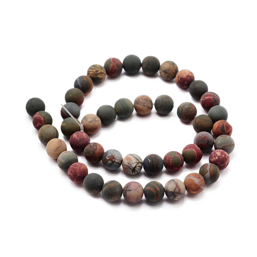 Frosted Natural Picasso Jasper Beads, Round, Dark Red Multi Color. Semi-Precious Gemstone Beads for Jewelry Making. Great for making Mala Bracelets.  Size: 6mm Diameter, Hole: 1mm; approx. 63pcs/strand, 15" inches long.  Material: The Beads are Genuine Picasso Jasper Stone. Unpolished, Matte Finish. www.beadlot.com