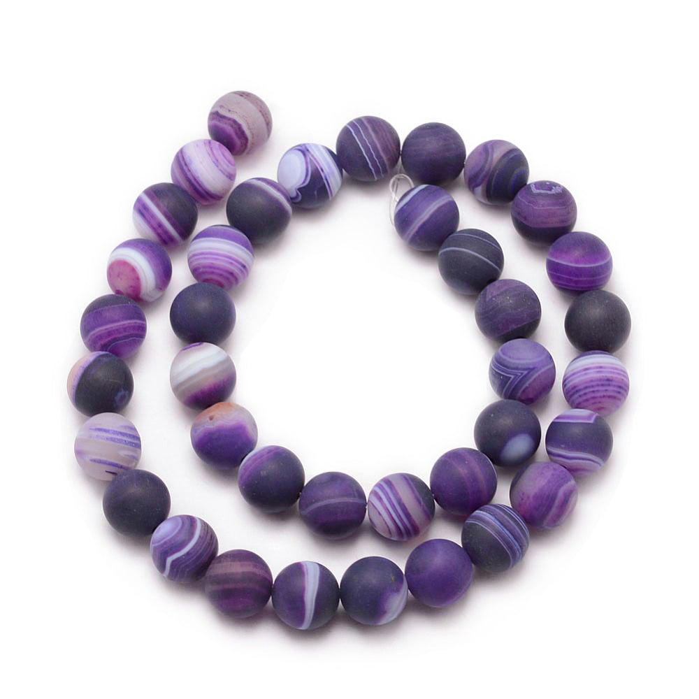 Frosted Dark Violet Striped Agate Beads, Round, Purple Banded Agate. Matte Semi-Precious Gemstone Beads for DIY Jewelry Making.   Size: 8mm Diameter, Hole: 1mm; approx. 47pcs/strand, 14.5" Inches Long.  Material: Grade "A"  Frosted Striped Banded Agate Loose Beads dyed Dark Violet Purple Color. Polished, Matte Finish.