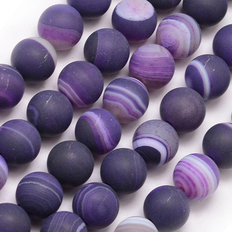 Frosted Dark Violet Striped Agate Beads, Round, Purple Banded Agate. Matte Semi-Precious Gemstone Beads for DIY Jewelry Making.   Size: 8mm Diameter, Hole: 1mm; approx. 47pcs/strand, 14.5" Inches Long.  Material: Grade "A"  Frosted Striped Banded Agate Loose Beads dyed Dark Violet Purple Color. Polished, Matte Finish.
