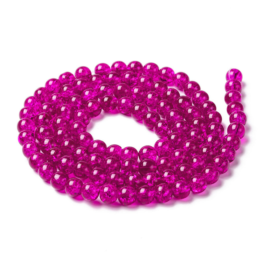 Crackle Glass Beads, Round, Fuchsia Pink Color. Glass Bead Strands for DIY Jewelry Making. Affordable, Colorful Crackle Beads. Great for Stretch Bracelets.  Size: 8mm Diameter Hole: 1.3mm; approx. 100pcs/strand, 31" Inches Long.  Material: The Beads are Made from Glass. Crackle Glass Beads, Fuchsia Pink Colored Beads. Polished, Shinny Finish.