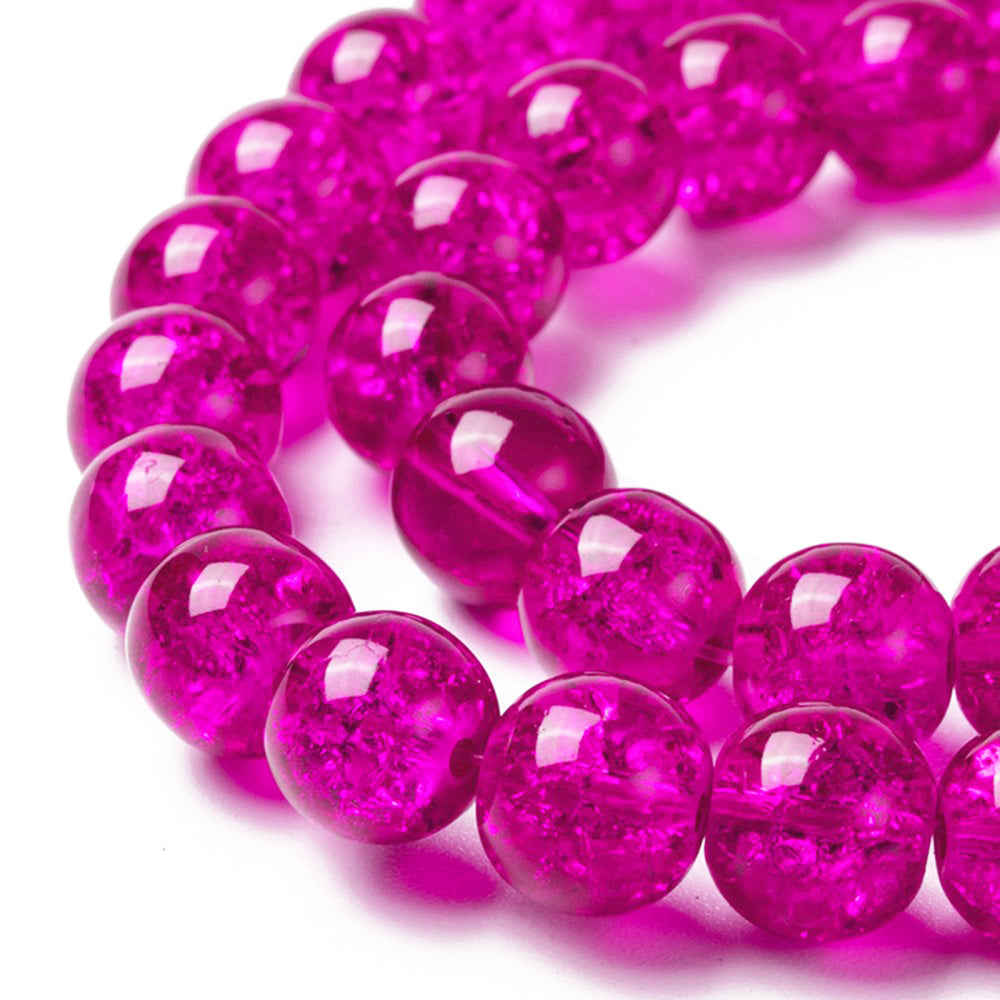 Crackle Glass Beads, Round, Fuchsia Pink Color. Glass Bead Strands for DIY Jewelry Making. Affordable, Colorful Crackle Beads. Great for Stretch Bracelets.  Size: 8mm Diameter Hole: 1.3mm; approx. 100pcs/strand, 31" Inches Long.  Material: The Beads are Made from Glass. Crackle Glass Beads, Fuchsia Pink Colored Beads. Polished, Shinny Finish.