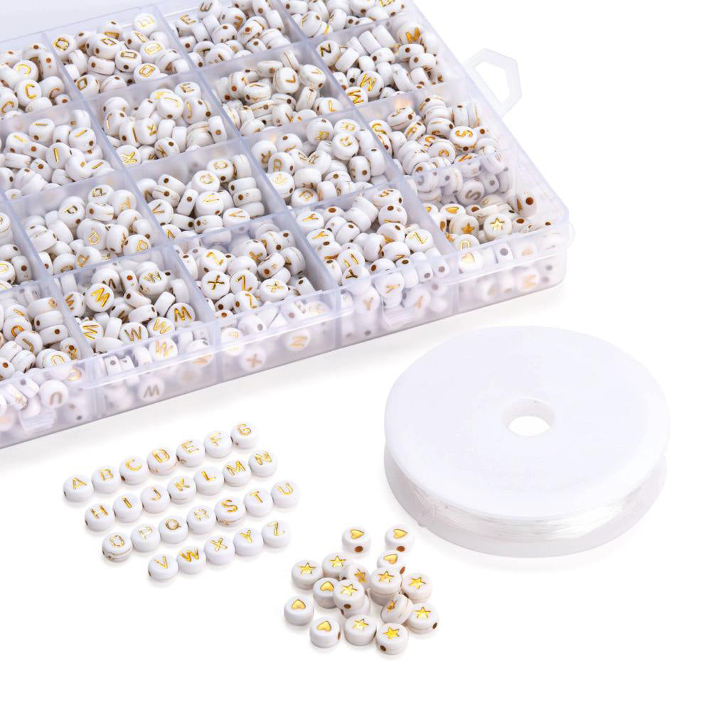 DIY Jewelry Making Kit. Acrylic Alphabet Beading Kit. Gold Letters and Hearts on White Flat Acrylic Beads. Kit Comes with 0.8mm Elastic Crystal Thread.  Size: Beads Measure: 7x4mm Hole: 1mm, 1920 pcs/kit.  Material: Acrylic Flat Round Beads with Letters and Hearts. Gold Letters and Hearts on White Beads. 24 Compartment Kit comes with Elastic Crystal Thread 0.8mm