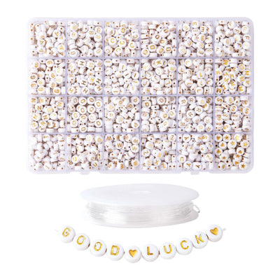 DIY Jewelry Making Kit. Acrylic Alphabet Beading Kit. Gold Letters and Hearts on White Flat Acrylic Beads. Kit Comes with 0.8mm Elastic Crystal Thread.  Size: Beads Measure: 7x4mm Hole: 1mm, 1920 pcs/kit.  Material: Acrylic Flat Round Beads with Letters and Hearts. Gold Letters and Hearts on White Beads. 24 Compartment Kit comes with Elastic Crystal Thread 0.8mm
