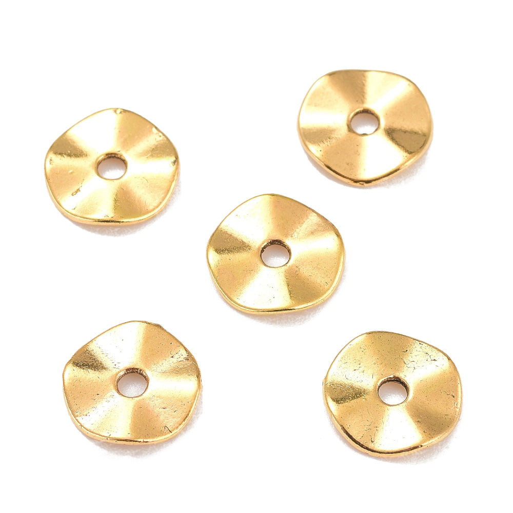 Wavy Spacer Beads, Antique Gold, Flat Round, 10x1.5mm, 25pcs/bag