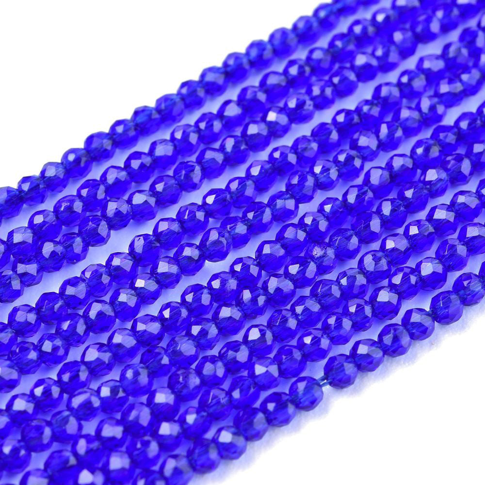 Faceted Round Glass Beads, Royal Blue Color Glass Beads for Jewelry Making.  Size: 2mm Diameter, Hole: 0.5mm; approx. 175pcs/strand, 14" inches long.  Material: Faceted Glass Beads; Round, Blue Color Quartz Imitation Beads. Shinny Finish.