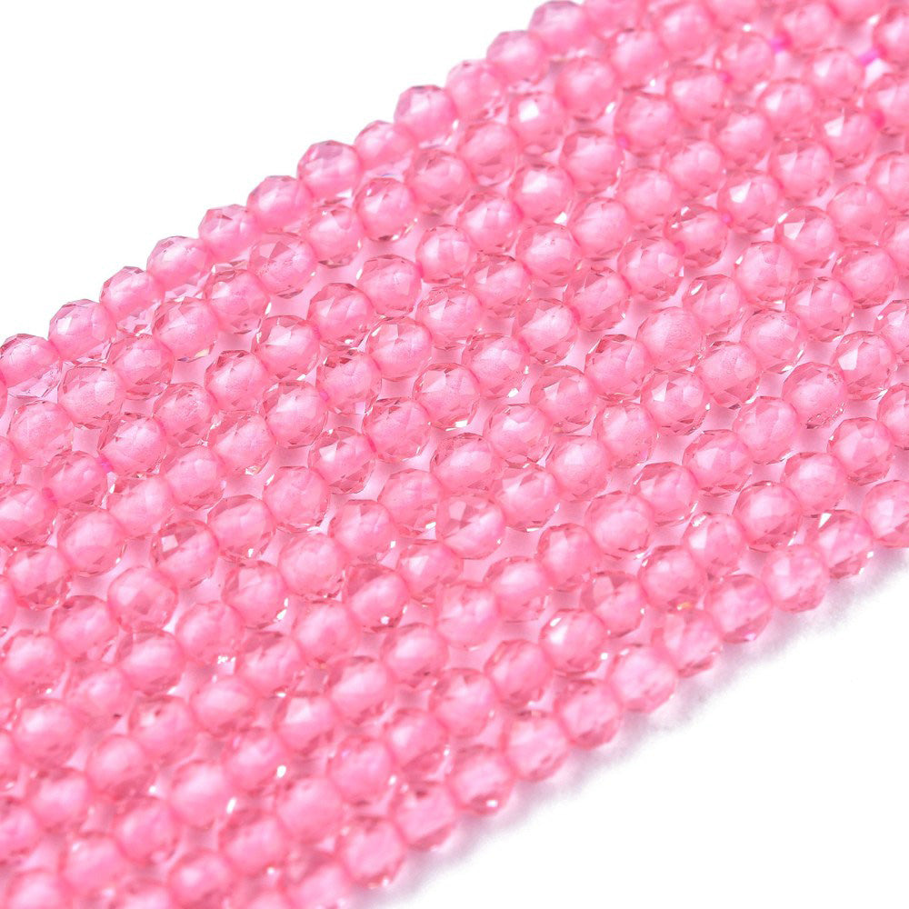 Faceted Round Glass Beads, Pearl Pink Color Glass Beads for Jewelry Making.  Size: 2mm Diameter, Hole: 0.5mm; approx. 175pcs/strand, 14" inches long.  Material: Faceted Glass Beads; Round, Pink Color Quartz Imitation Beads. Shinny Finish.