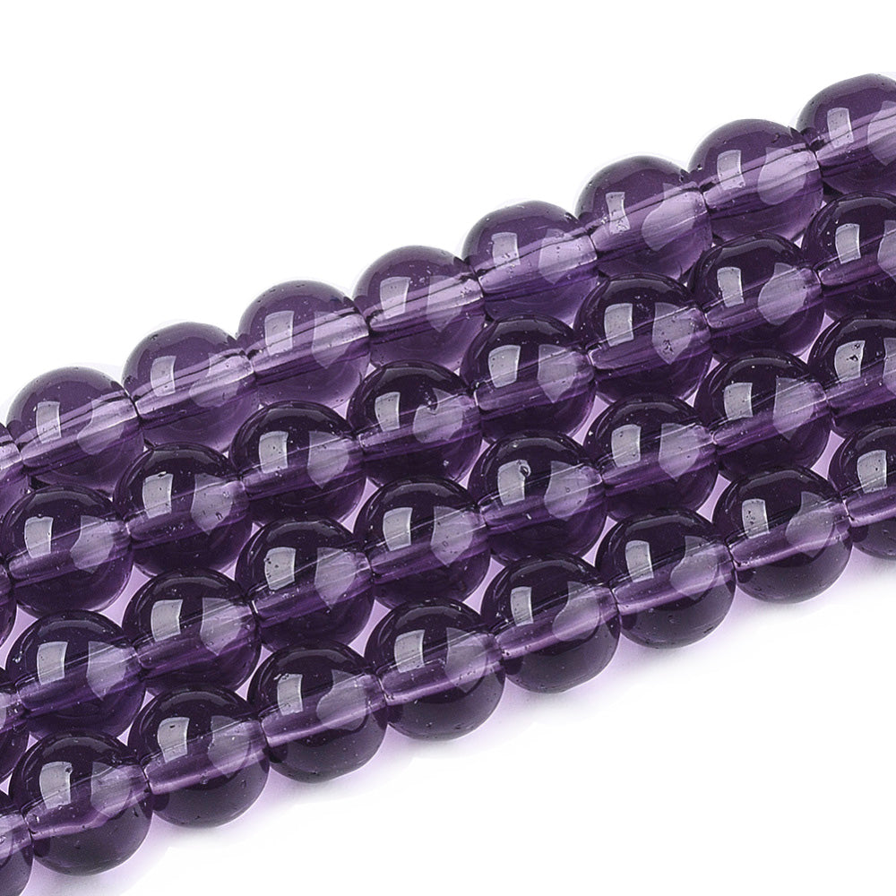 Lovely Glass Beads, Round, Dark Purple Color. Glass Bead Strands for DIY Jewelry Making. Affordable, Colorful Glass Beads. Great for Stretch Bracelets.  Size: 6mm Diameter Hole: 1mm; approx. 48pcs/strand, 11" Inches Long.  Material: The Beads are Made from Glass. Purple Colored Beads. Polished, Shinny Finish.