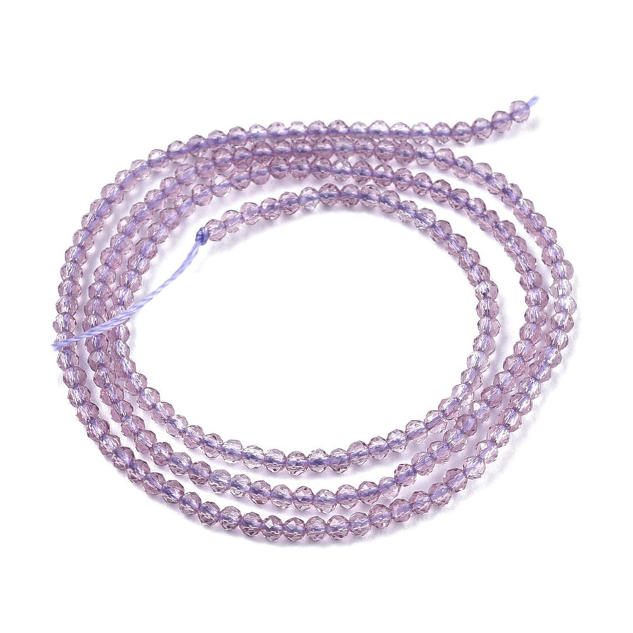 Faceted Round Glass Beads, Lilac Color Glass Beads for Jewelry Making.  Size: 2mm Diameter, Hole: 0.5mm; approx. 175pcs/strand, 14" inches long.  Material: Faceted Glass Beads; Round, Lilac Color Quartz Imitation Beads. Shinny Finish.