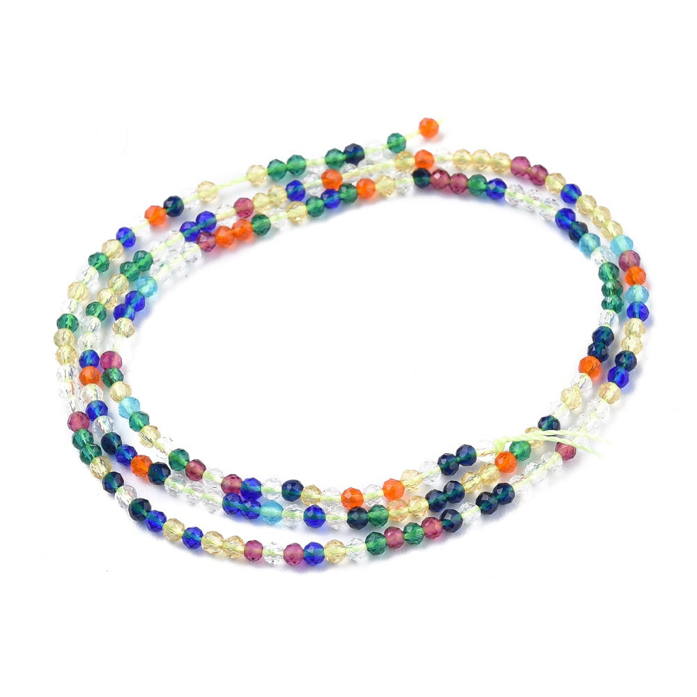 Colorful Faceted Round Glass Beads, Mixed Color Glass Beads for Jewelry Making.  Size: 2mm Diameter, Hole: 0.5mm; approx. 175pcs/strand, 14" inches long.  Material: Faceted Glass Beads; Round, Multi Color Quartz Imitation Beads. Shinny Finish.