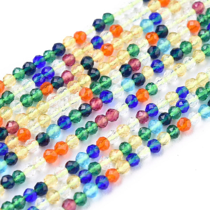 Colorful Faceted Round Glass Beads, Mixed Color Glass Beads for Jewelry Making.  Size: 2mm Diameter, Hole: 0.5mm; approx. 175pcs/strand, 14" inches long.  Material: Faceted Glass Beads; Round, Multi Color Quartz Imitation Beads. Shinny Finish.
