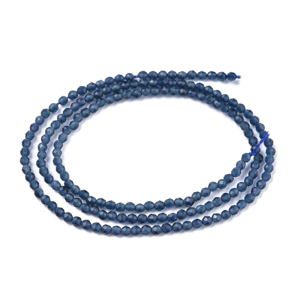 Faceted Round Glass Beads, Steel Blue Color Glass Beads for Jewelry Making.  Size: 2mm Diameter, Hole: 0.5mm; approx. 175pcs/strand, 14" inches long.  Material: Faceted Glass Beads; Round, Steel Blue Color Quartz Imitation Beads. Shinny Finish.