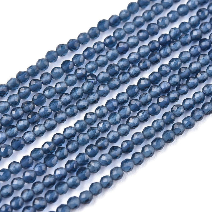 Faceted Round Glass Beads, Steel Blue Color Glass Beads for Jewelry Making.  Size: 2mm Diameter, Hole: 0.5mm; approx. 175pcs/strand, 14" inches long.  Material: Faceted Glass Beads; Round, Steel Blue Color Quartz Imitation Beads. Shinny Finish.