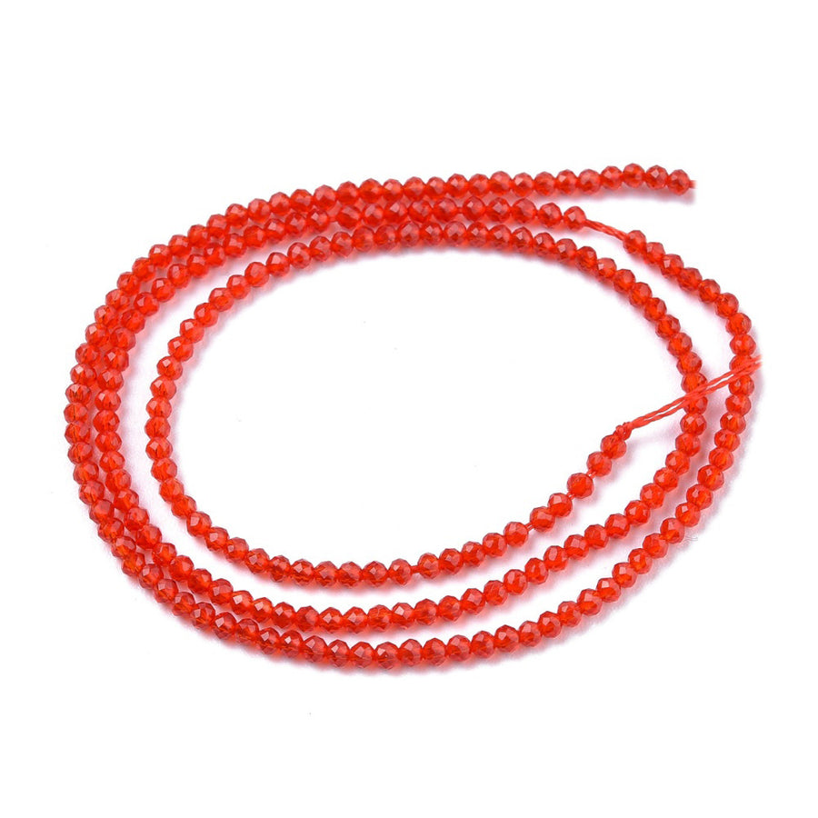 Faceted Round Glass Beads, Orange Red Color Glass Beads for Jewelry Making.  Size: 2mm Diameter, Hole: 0.5mm; approx. 175pcs/strand, 14" inches long.  Material: Faceted Glass Beads; Round, Red Color Quartz Imitation Beads. Shinny Finish.