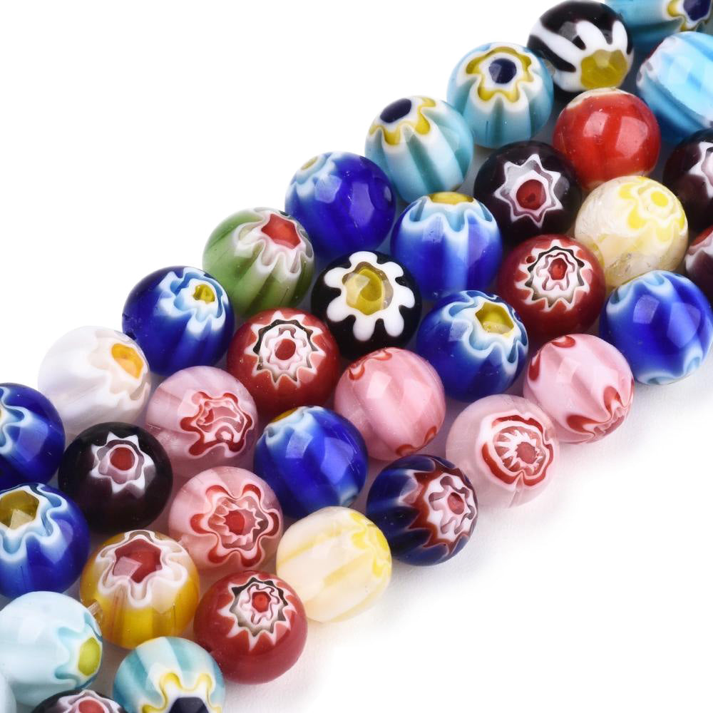 Millefiori Glass Beads, Mixed Color, 8mm, 48pcs/strand