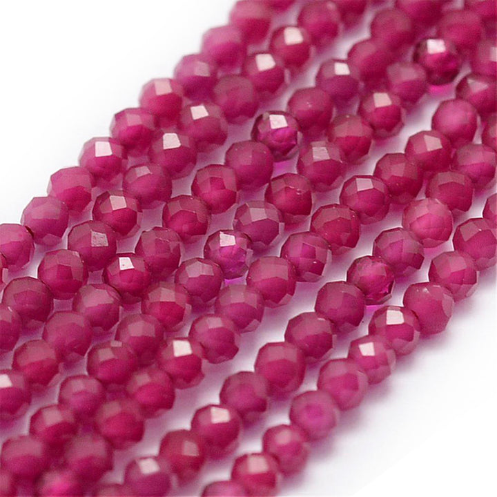 Faceted Round Glass Beads, Ruby Red, Violet Red Color Glass Beads for Jewelry Making.  Size: 2mm Diameter, Hole: 0.5mm; approx. 175pcs/strand, 14" inches long.  Material: Faceted Glass Beads; Round, Ruby Red Color Quartz Imitation Beads. Shinny Finish.