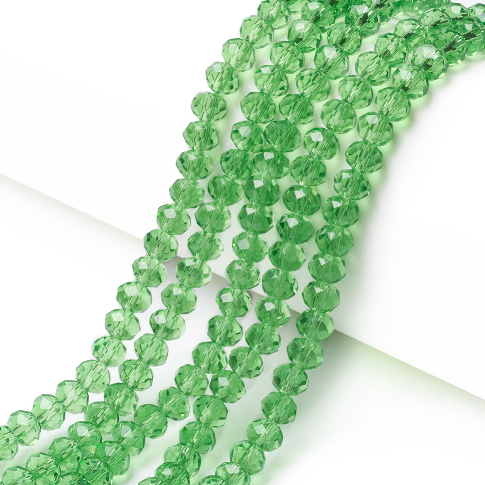 Glass Crystal Beads, Faceted, Dark Lime Green Color, Rondelle, Austrian Imitation Glass Crystal Beads.   Size: 8mm Diameter, 6mm Thick, Hole: 1mm; approx. 64pcs/strand, 15.5" inches long.  Material: The Beads are Made from Glass. Glass Crystal Beads, Rondelle, Lime Green Color Beads. Polished, Shinny Finish.