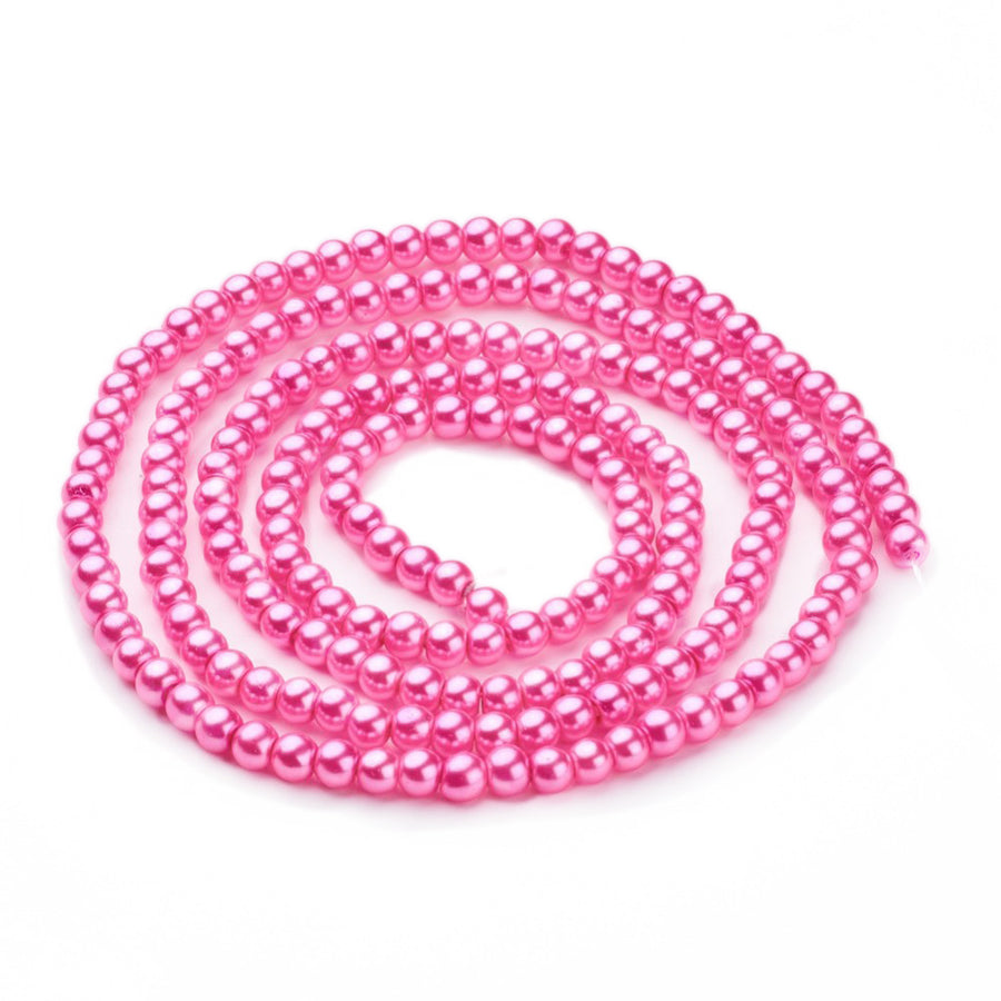 Glass Pearl Beads Strands, Round, Metallic Barbie Pink Color Pearls. Soft Pink Beads.  Size: 4mm in diameter, hole: 0.5mm, approx. 215pcs/strand, 32 inches/strand.  Wide Usage: Glass Pearl Beads are Excellent for Beading, Wedding Themed Accessories, Jewelry Design, DIY Gifts, Hand Crafts, Necklace and Bracelet Making. 