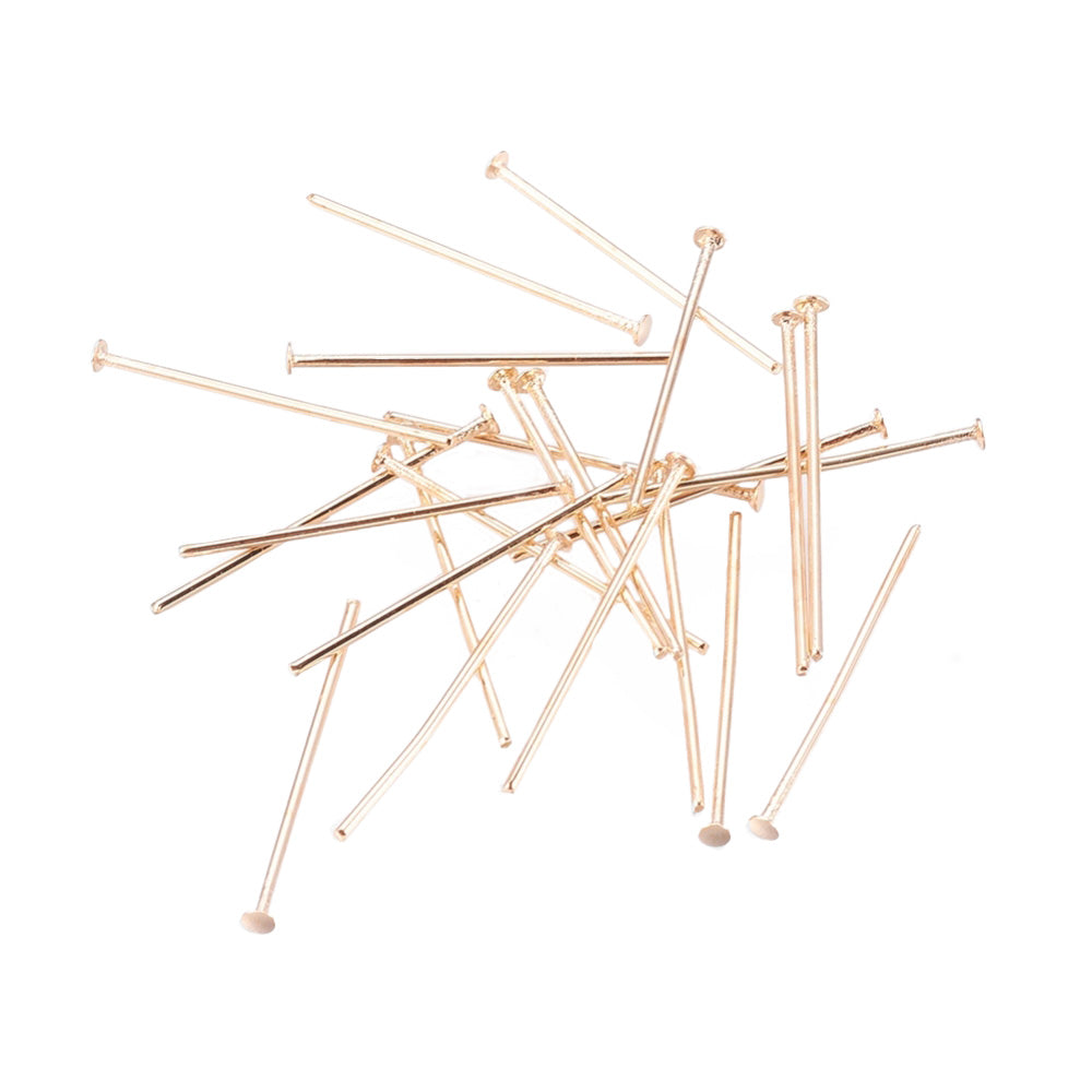 Brass Flat Head Pins for DIY Jewelry Making. Light Gold Color Flat Head Pins.  Size: 18mm Length, 0.5mm Diameter, approx. 90 pcs/package.  Material: Brass Flat Head Pin, Gold Color.