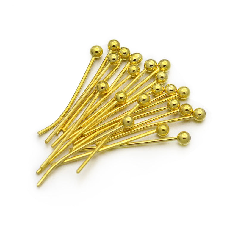 Brass Flat Head Pins for DIY Jewelry Making. Gold Color Flat Head Pins.  Size: 30mm Length, 0.5mm Diameter, Head Pin: 2mm, approx. 100 pcs, 10 gram/package.  Material: Brass Ball Head Pin, 24 Gauge, Gold Color.  Usage: These Pins are used to secure and/or connect beads to each other in your desired design.