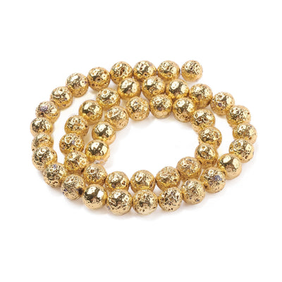 Electroplated Natural Lava Rock Bead Strands, Round, Bumpy, Gold Color. Semi-Precious Stone Beads for DIY Jewelry Making. Perfect Accent Piece for Stretch Bracelets.  Size: 6-7mm Diameter, Hole: 1mm; approx. 65pcs/strand, 15.35 inches long.