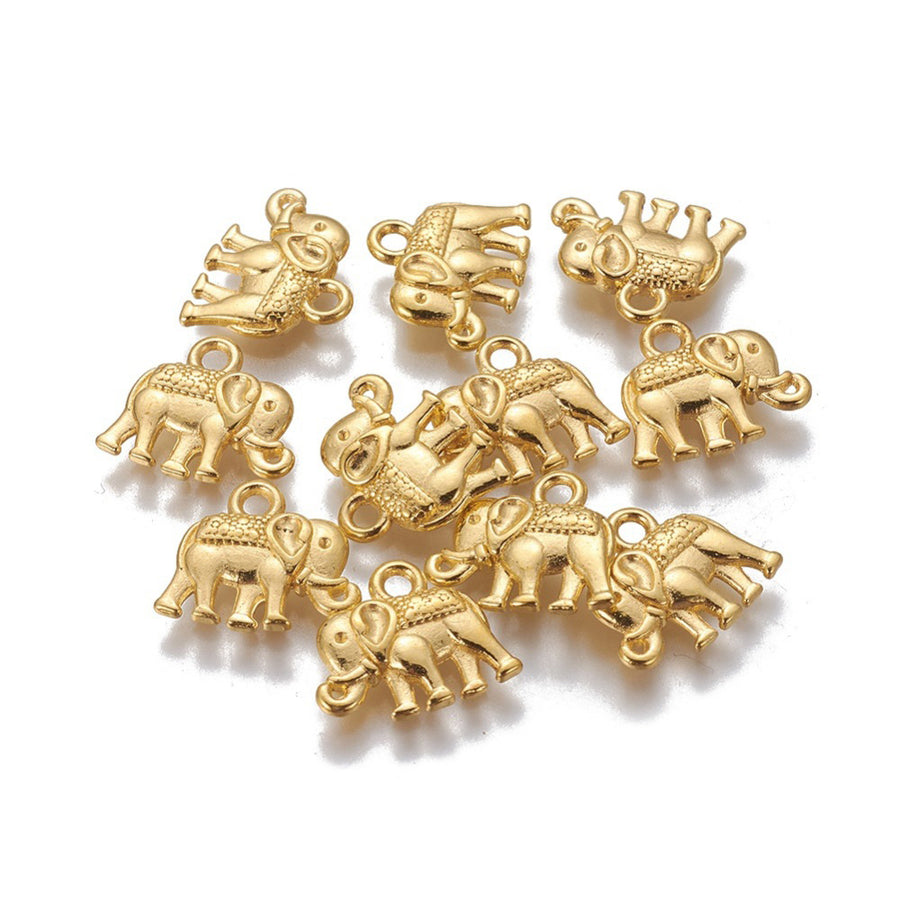 Popular Tibetan Gold Elephant Charm Beads, Antique Gold Colored Vintage Elephant Charms for DIY Jewelry Making. Charms for Bracelet and Necklace Making.  Size: 12mm Length, 14mm Width, 2.5mm Thick, Hole: 1mm, Quantity: 10 pcs/package.