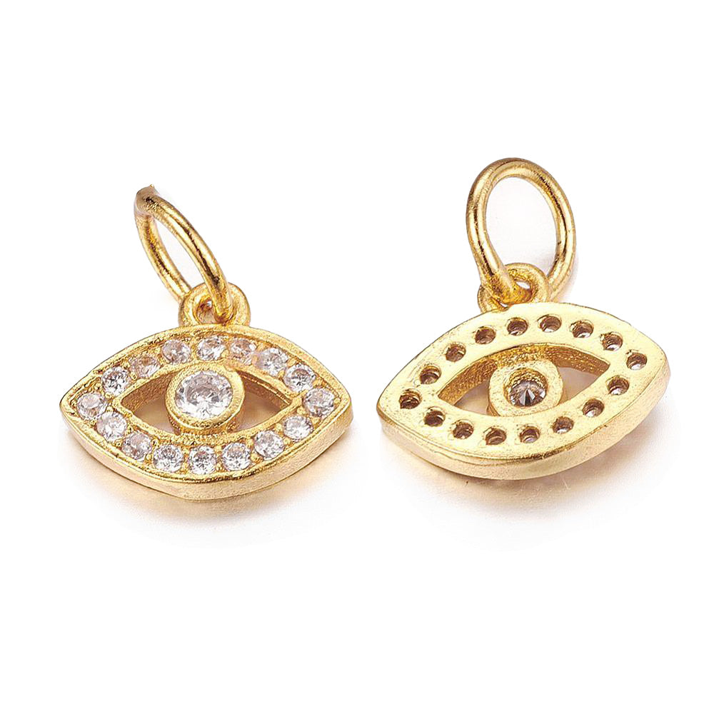 Brass Micro Pave Cubic Zirconia Golden Evil Eye Charm Beads, Gold Evil Eye Charm with Clear Cubic Zirconia for DIY Jewelry Making.  Size: 11mm Length, 9mm Width, 2mm Thick, Jump Ring: 5x0.8mm, Qty: 1pcs/package.  Material: Clear Cubic Zirconia Brass Micro Pave Evil Eye Charm with Jump Ring. Gold Color. Shinny, Sparkle Finish. Durable. Polished, Shinny Finish. The perfect choice for Jewelry Making.