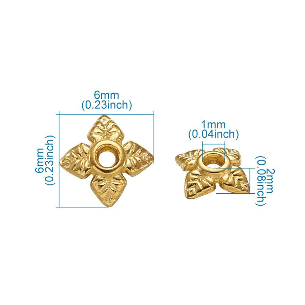 Alloy Flower Spacer Beads. Flower Shaped Bead Caps, Gold Color. Flower Spacers for DIY Jewelry Making Projects.   Size: 6mm Diameter, 2mm Thick, Hole: 1mm, approx. 20pcs/package.  Material: Alloy Flower Bead Caps. Shinny Antique Gold Color. Lead and Nickel Free.