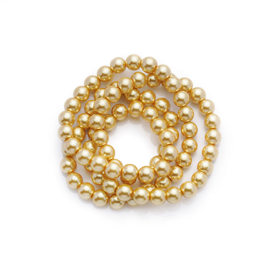 Glass Pearl Beads, Round, Yellow, Gold Colored Pearls for DIY Jewelry Making.  Size: 10mm, Hole: 1~1.5mm, approx. 85pcs/strand, 32 inches/strand  Material: The Beads are Made from Glass. Golden Yellow Colored Beads. Polished, Shinny Finish. BEAD LOT.