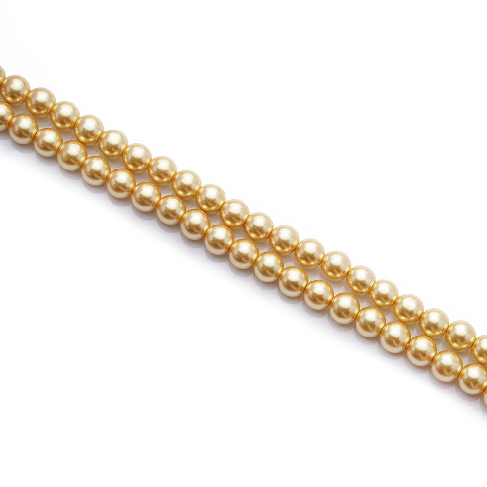 Glass Pearl Beads Strands, Round, Golden Yellow Color Pearls. Metallic Yellow Beads.  Size: 6mm in diameter, hole: 0.5mm, about 140pcs/strand, 32 inches/strand.  Material: The Beads are Made from Glass. Golden Yellow Colored Beads. Polished, Shinny Finish.