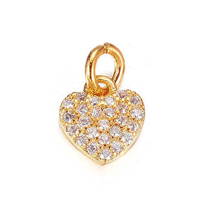 Brass Micro Pave Cubic Zirconia Golden Heart Charm Beads, Gold Color Heart Charm with Clear Cubic Zirconia for DIY Jewelry Making. Charms for Bracelet and Necklace Making.