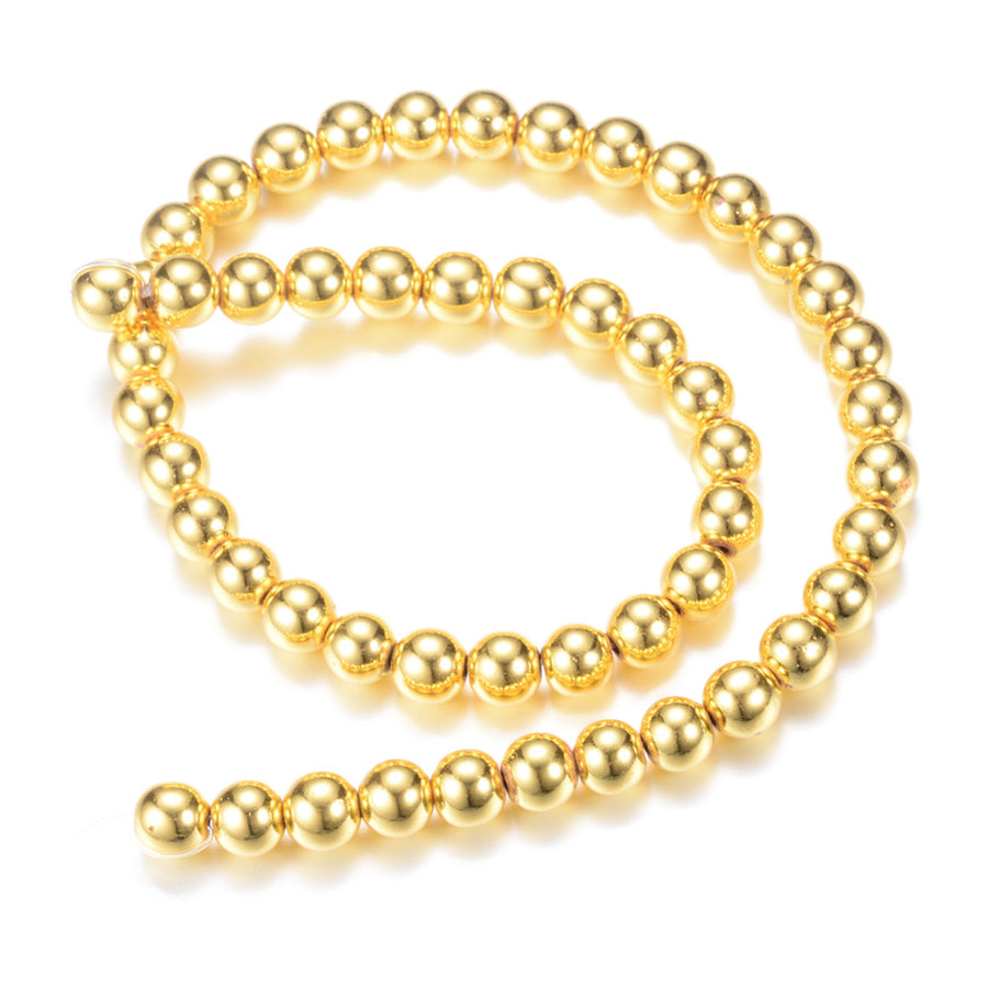 Electroplated Non-Magnetic Hematite Beads, Metallic Gold Color. Semi-Precious Stone Beads for Jewelry Making.   Size: 8-8.5mm Diameter, Hole: 1mm, approx. 50pcs/strand, 15.5" Inches Long.  Material: Non-Magnetic Synthetic Hematite Bead Strands. Metallic Gold Color. Polished, Shinny Metallic Lustrous Finish.
