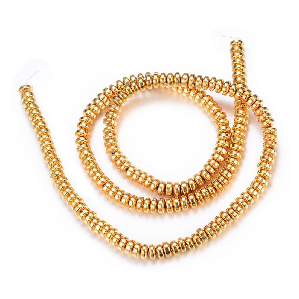 Electroplated Non-Magnetic Synthetic Hematite Beads, Gold Color. Semi-Precious Stone Spacer Beads for Jewelry Making.   Size: 6mm Wide, 3mm Thick, Hole: 1mm, approx. 125pcs/strand, 15.5" Inches Long.  Material: Non-Magnetic Synthetic Hematite Beads. Gold Color Plated. Rondelle Shape. Polished, Shinny Metallic Lustrous Finish.