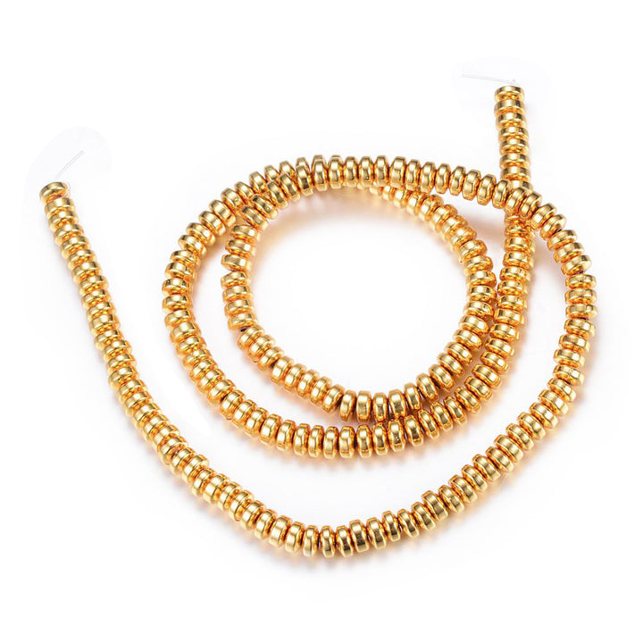 Electroplated Non-Magnetic Synthetic Hematite Beads, Gold Color. Semi-Precious Stone Spacer Beads for Jewelry Making.   Size: 6mm Wide, 3mm Thick, Hole: 1mm, approx. 125pcs/strand, 15.5" Inches Long.  Material: Non-Magnetic Synthetic Hematite Beads. Gold Color Plated. Rondelle Shape. Polished, Shinny Metallic Lustrous Finish.