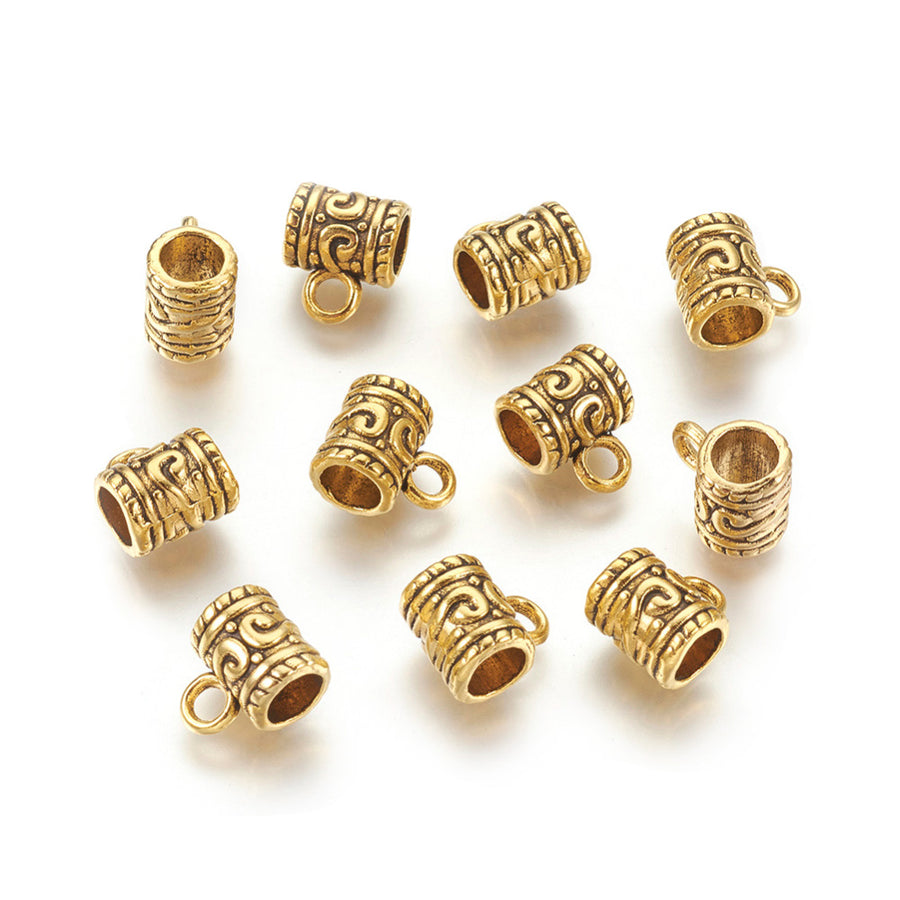 Tibetan Bail Tube Beads, Antique Gold Colored Tube Bails for Jewelry Making.  Size: 8mm Diameter, 9mm Length, Hole: 2.5mm, Quantity: 4pcs/bag.  Material: Alloy (Lead/Nickel Free) Connectors, Bail Beads. Antique Gold Color. Shinny Finish.