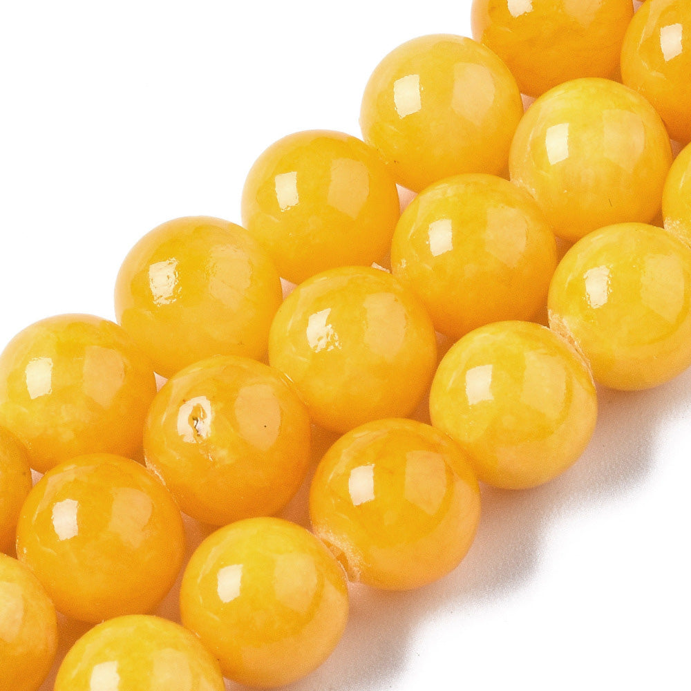 Yellow Jade Crystal Beads, Round, Golden Yellow Color. Semi-Precious Gemstone Beads for DIY Jewelry Making. Gorgeous, High Quality Crystal Beads, Great for Mala Bracelets.  Size: 8mm Diameter, Hole: 1mm; approx. 48pcs/strand, 15 Inches Long.  Material: Natural Yellow Jade Beads, Dyed, High Quality Crystal Beads. Dark Golden Yellow Color. Polished, Shinny Finish. 