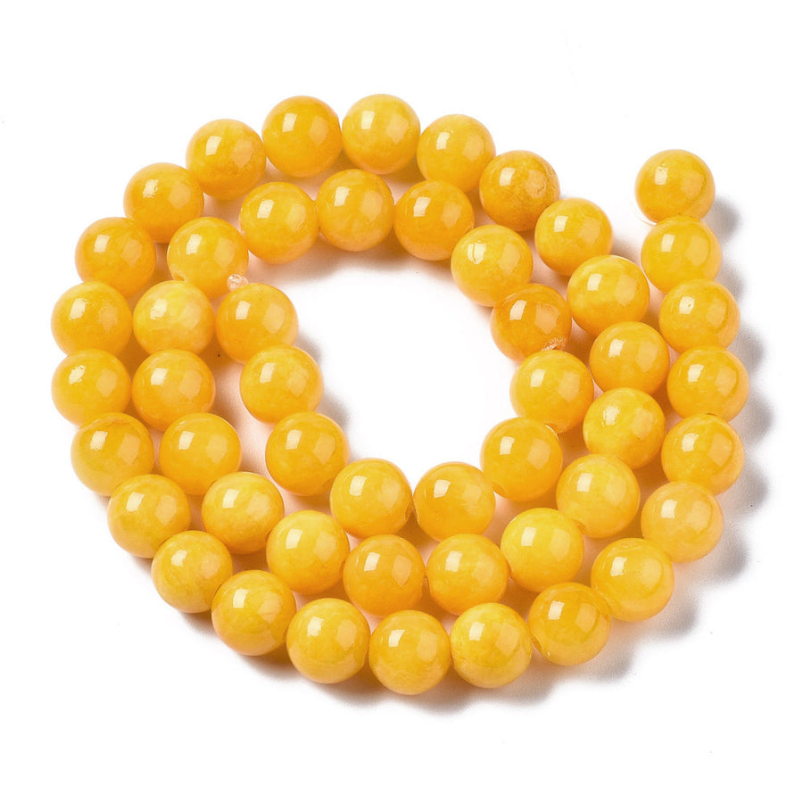 Yellow Jade Crystal Beads, Round, Golden Yellow Color. Semi-Precious Gemstone Beads for DIY Jewelry Making. Gorgeous, High Quality Crystal Beads, Great for Mala Bracelets.  Size: 8mm Diameter, Hole: 1mm; approx. 48pcs/strand, 15 Inches Long.  Material: Natural Yellow Jade Beads, Dyed, High Quality Crystal Beads. Dark Golden Yellow Color. Polished, Shinny Finish. 